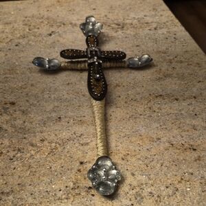 Decorative Cross Wall Art with Silver and Cream Accents